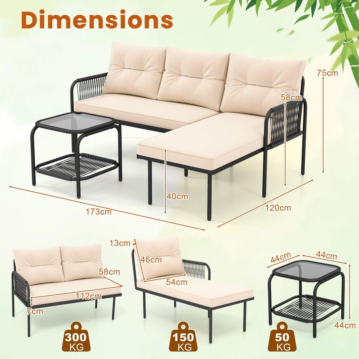 3-Piece Patio Sectional Sofa Set w/ Thick Cushions & Detachable Lounger for Yard