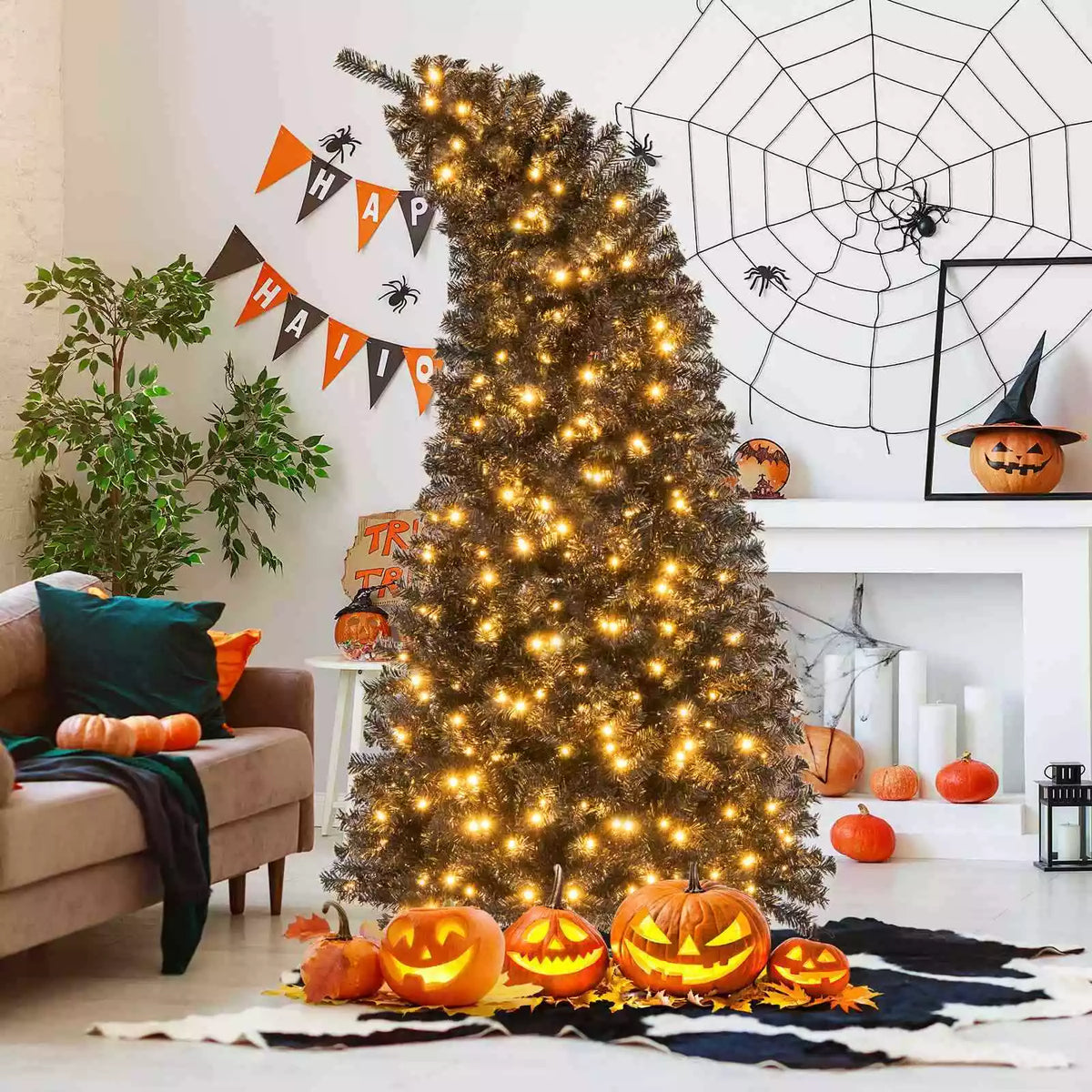 Pre-Lit Halloween/Christmas Hinged Tree w/ Bendable Top & 726/1050 Branch Tips