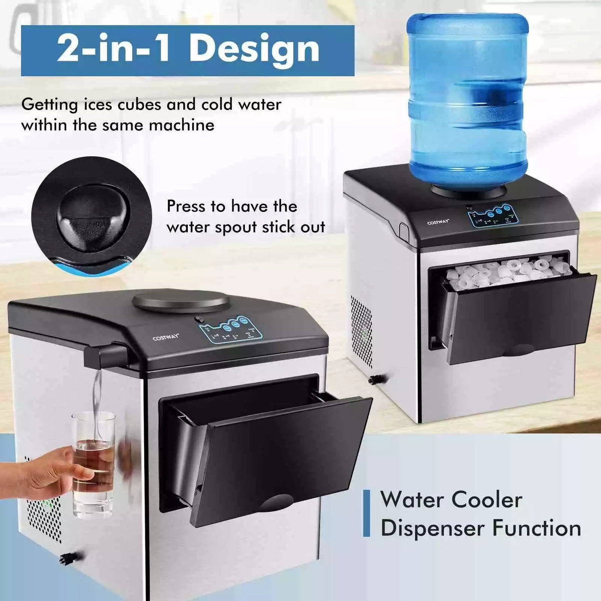 22KG 2-in-1 Countertop Water Ice Maker Machine w/Water Dispenser Stainless Steel