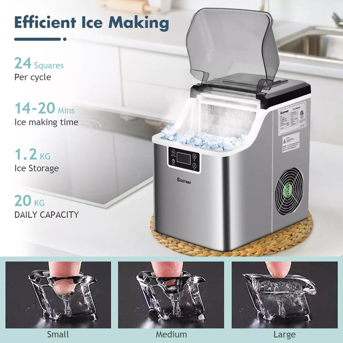 Commercial Electric Countertop Ice Maker Machine Self-Cleaning 20KG/24H for Home