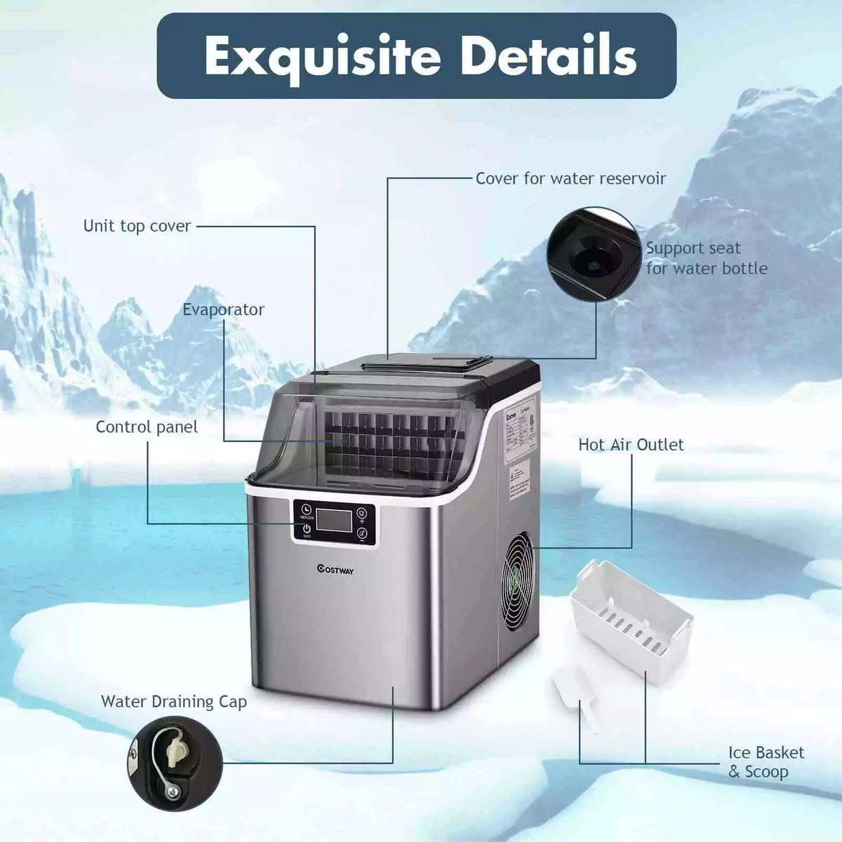 Commercial Electric Countertop Ice Maker Machine Self-Cleaning 20KG/24H for Home