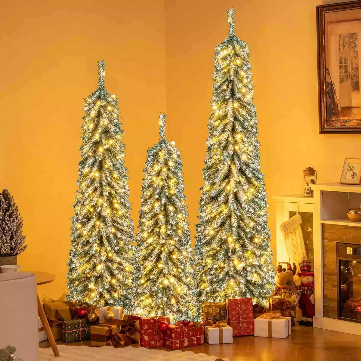 Artificial Christmas Pencil Xmas Tree Set of 3 w/ Realistic Accumulated Snow