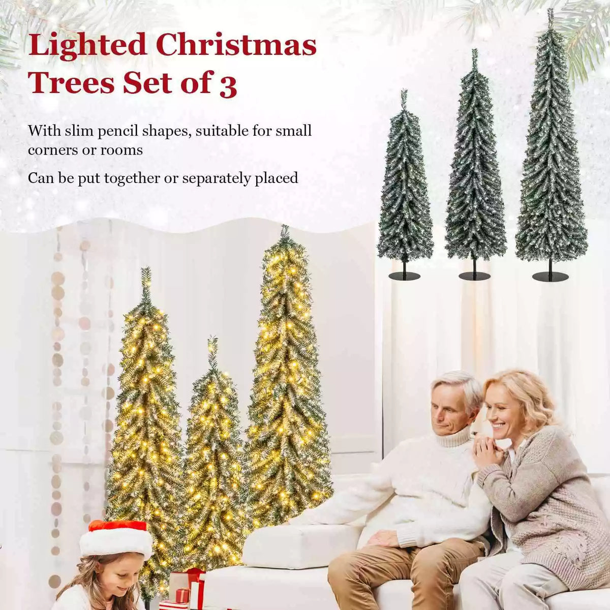 Artificial Christmas Pencil Xmas Tree Set of 3 w/ Realistic Accumulated Snow