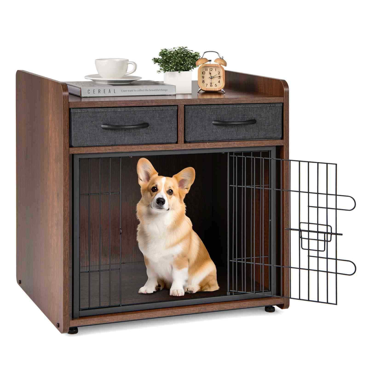 Indoor Dog Cage w/ 2 Fabric Drawers, Lockable Door for Small & Medium Sized Dogs