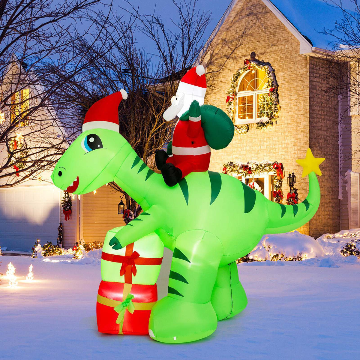 Christmas Inflatable Decoration 2.5 m Lighted Santa Claus Dinosaur w/ Gift Boxes