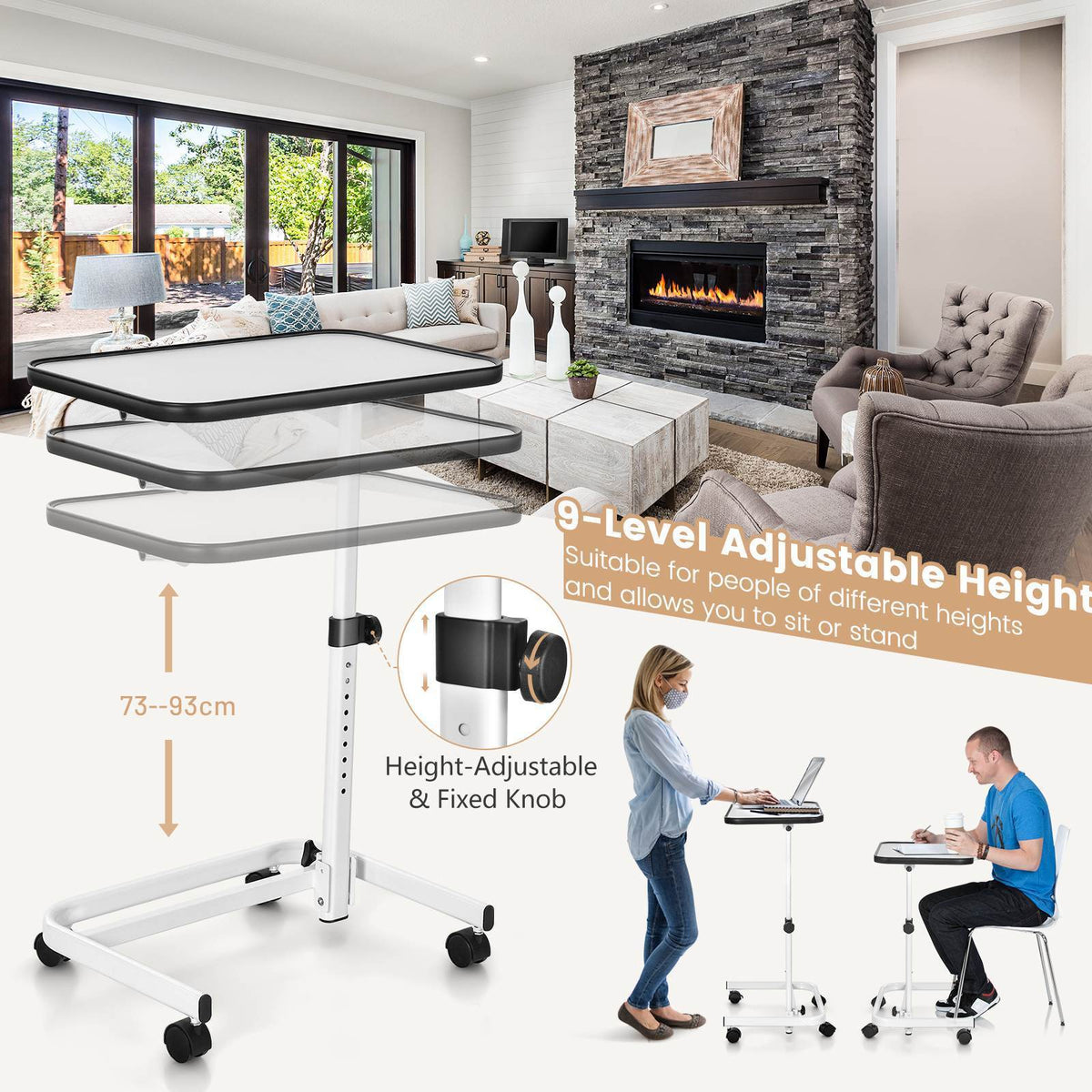 Portable Overbed Table Bedside Table Adjustable Multi-angle w/ Universal Wheels