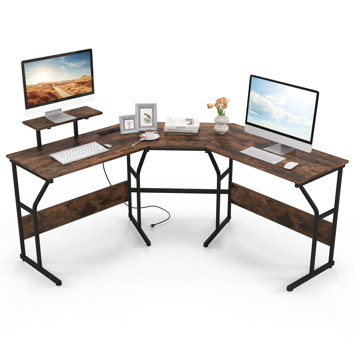 225cm L-Shaped Desk Corner Computer Desk Workstation w/Power Outlet Home Office