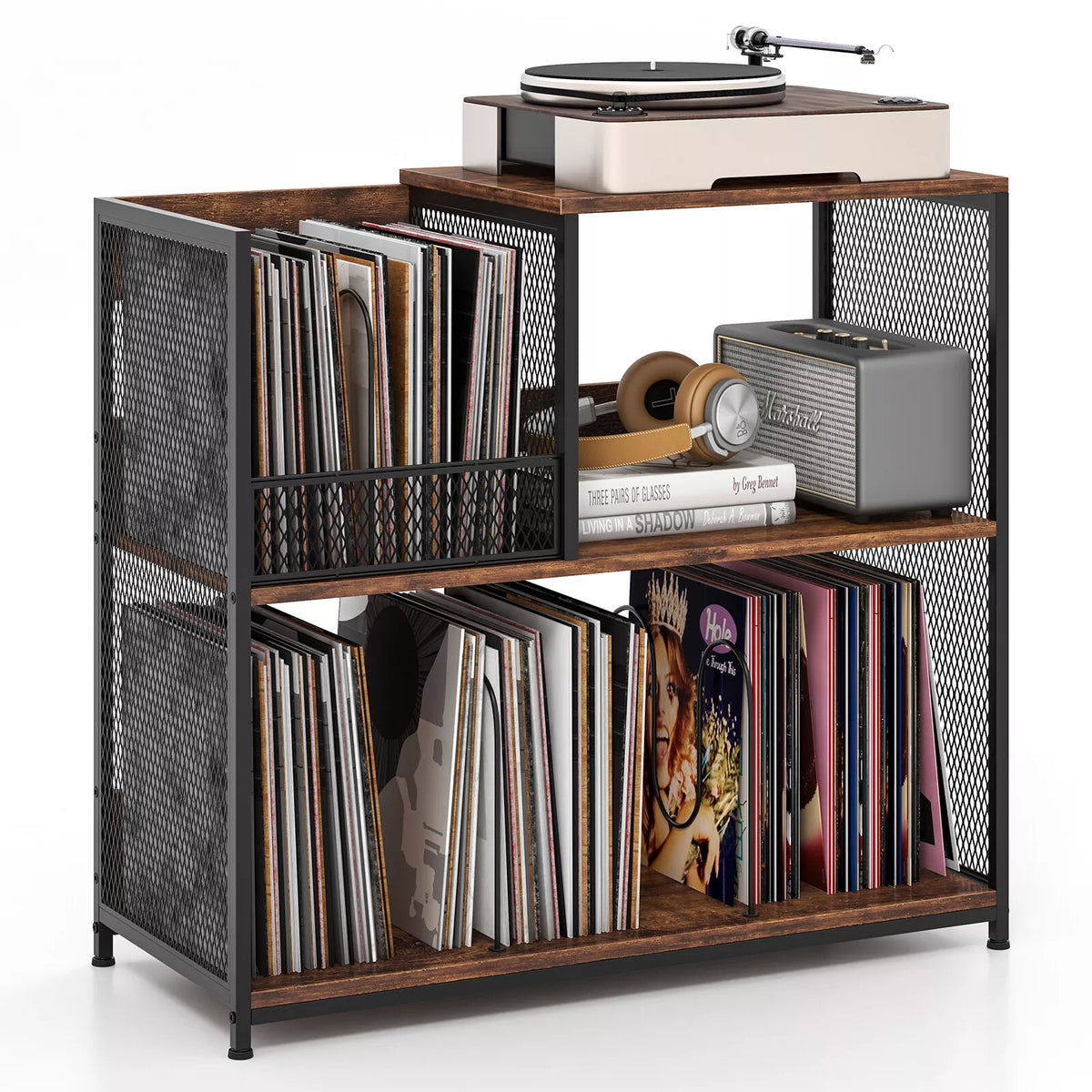 3-Tier Record Player Stand Turnable Vinyl End Table w/ 3 Removable Dividers