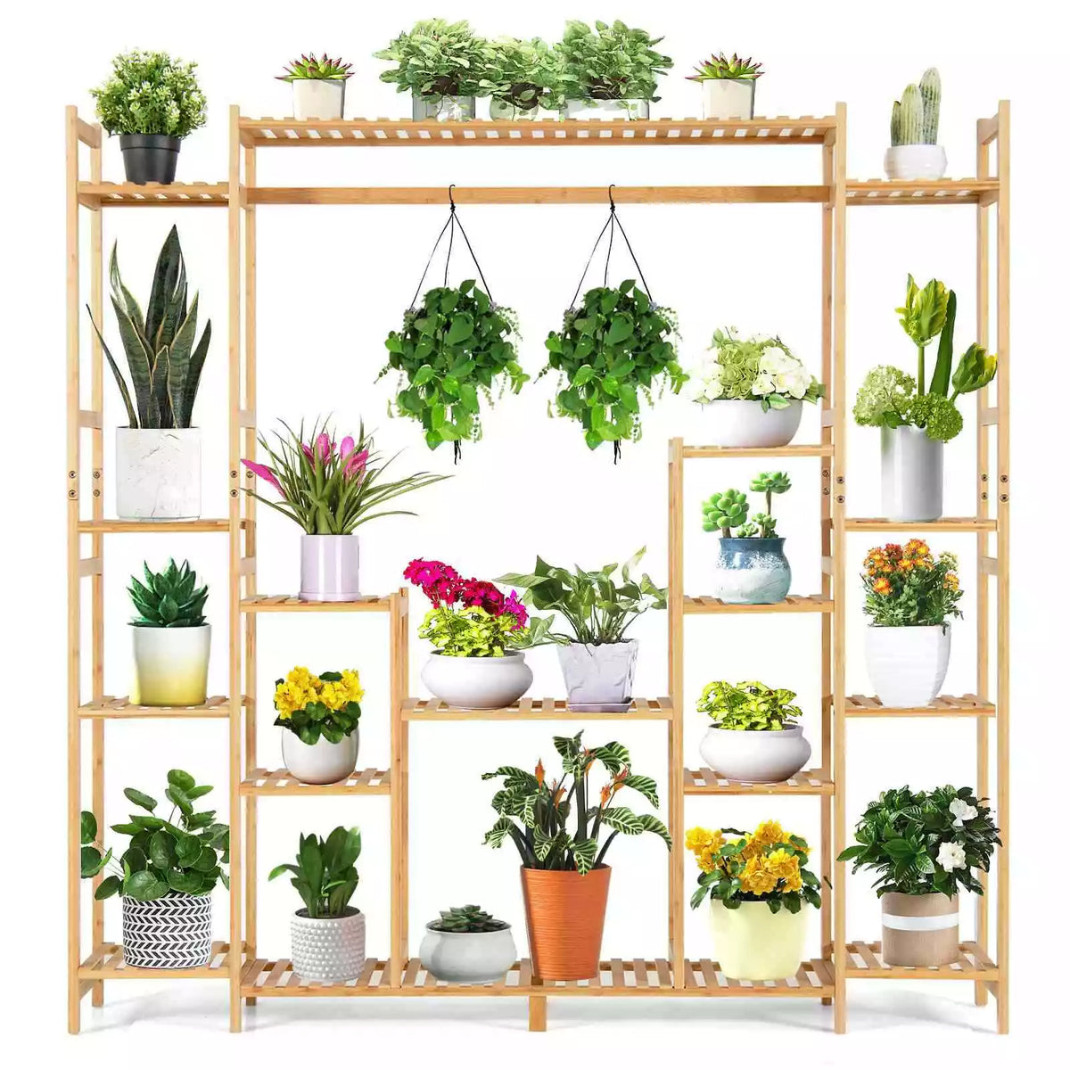 9-Tier Large Plant Shelf Bamboo Crisscross Storage Shelf for Flowers Toys Decor