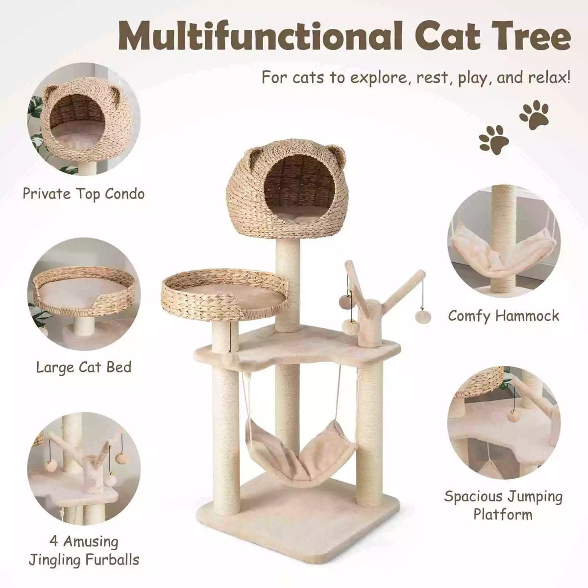 121cm Tall Multi-Layer Cat Tree Tower w/ Rotatable Hanging Balls & Sisal Posts