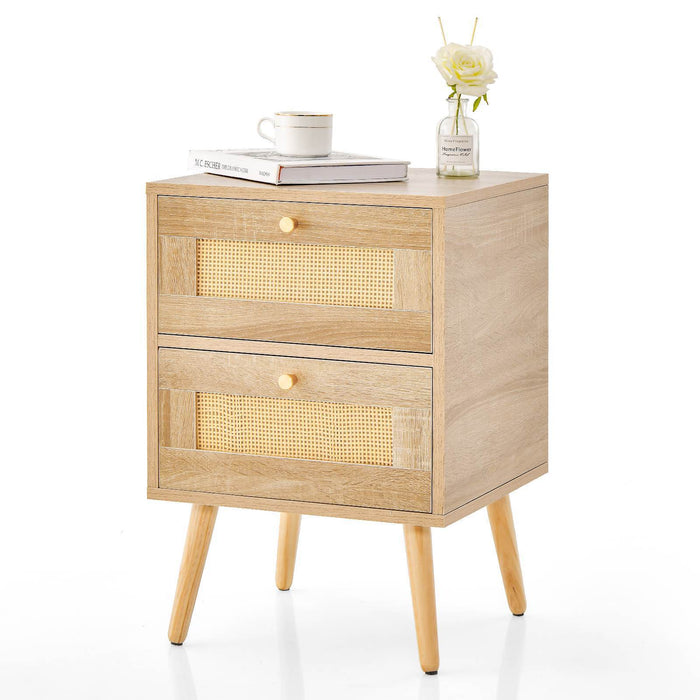 Boho Rattan Nightstand Bedside Table Modern End Table Storage Drawers Bedroom