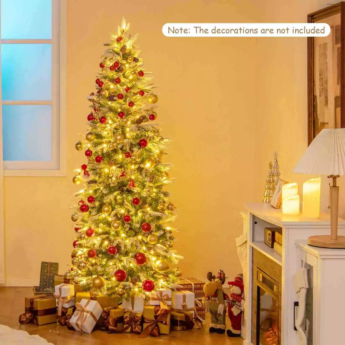 190CM Pre-lit Xmas Christmas Slim Tree w/60 Natural Pine Cones & PE Snowy Leaves