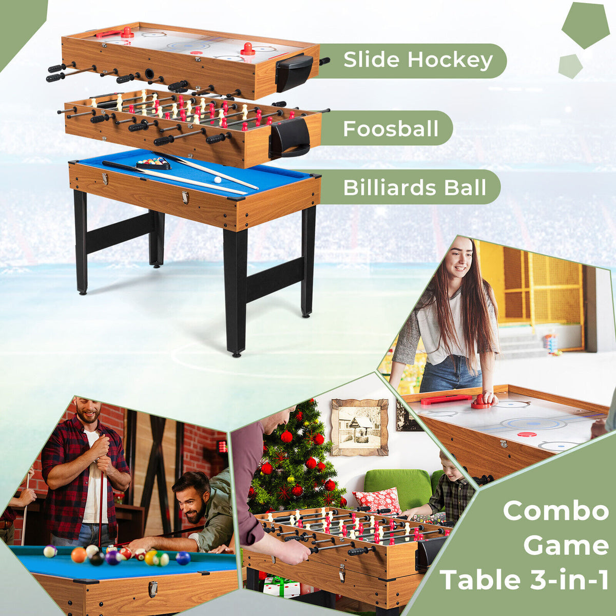 3-in-1 Combo Multi Game Table Set Pool Table Foosball, Slide Hockey & Billiards