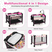 Baby Bassinet 4-in-1 Infant Travel Cot Foldable Nursery Center w/Hanging Toys