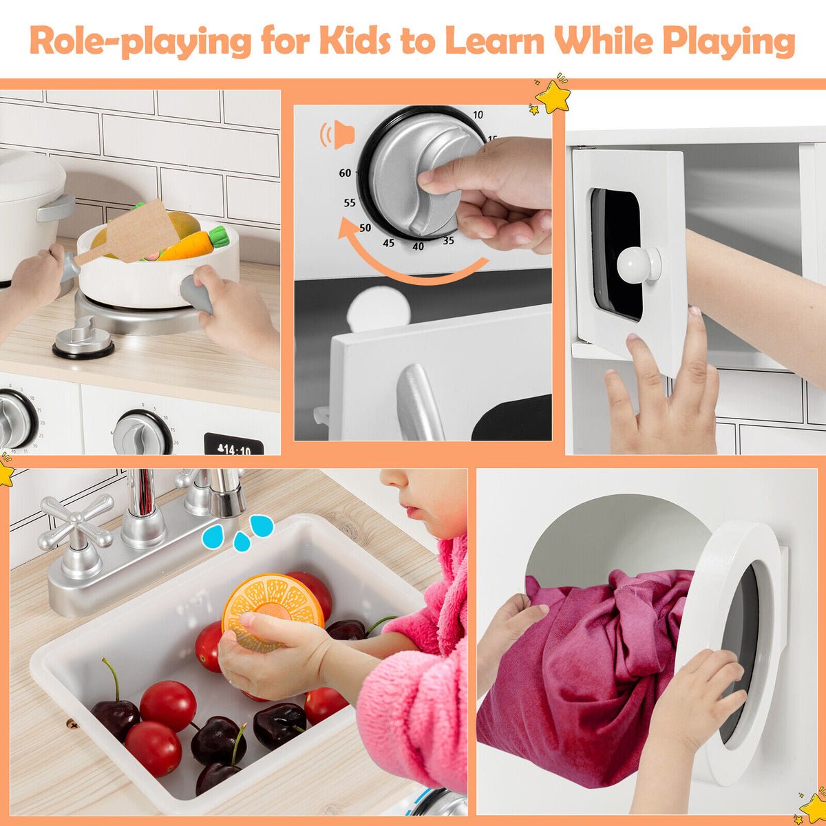 Kids Play Kitchen Wooden Cooking Pretend Playset Cookware Toddler Gift