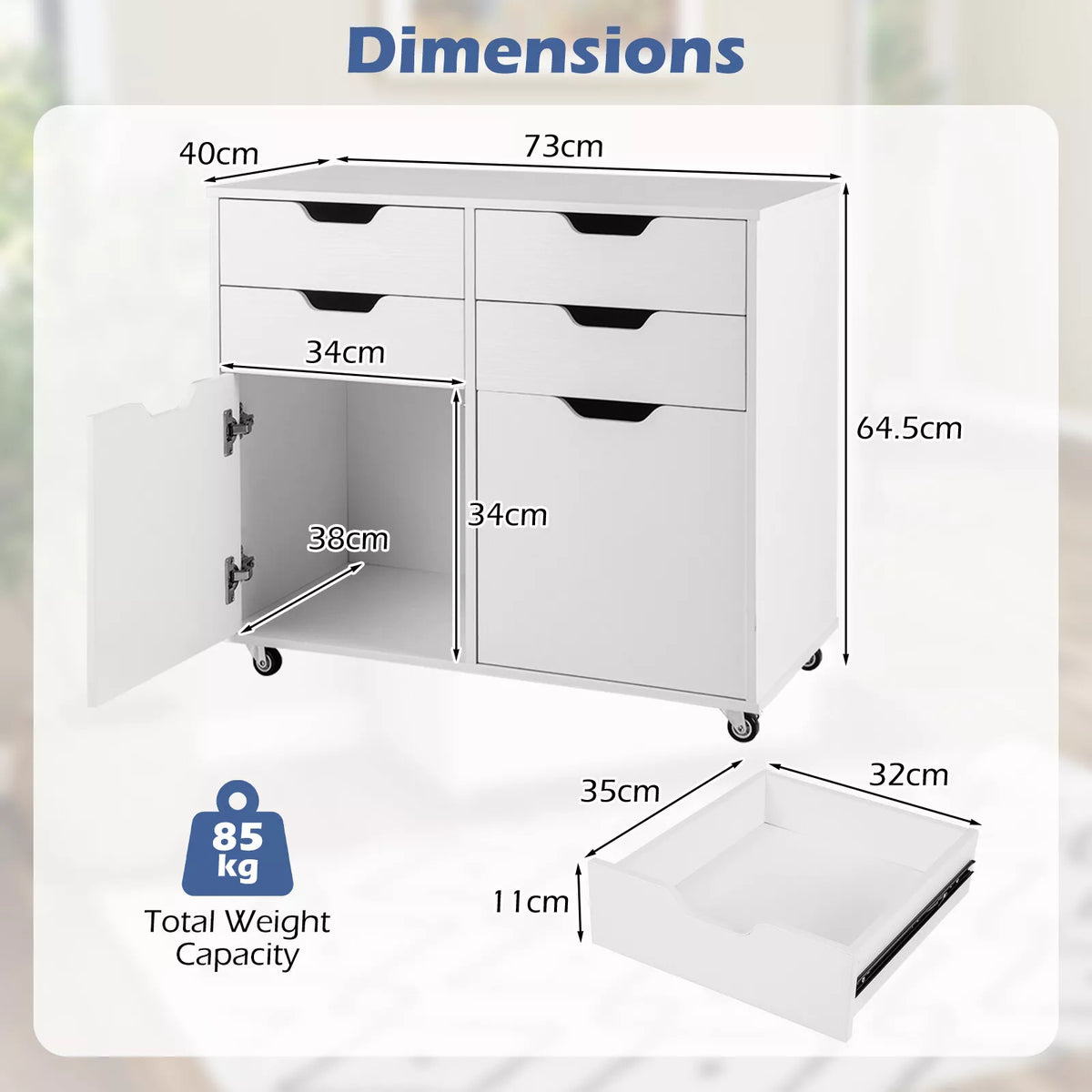 4-Drawer Dresser Chest w/Doors Mobile Wood Storage Cabinet Rolling Printer Stand