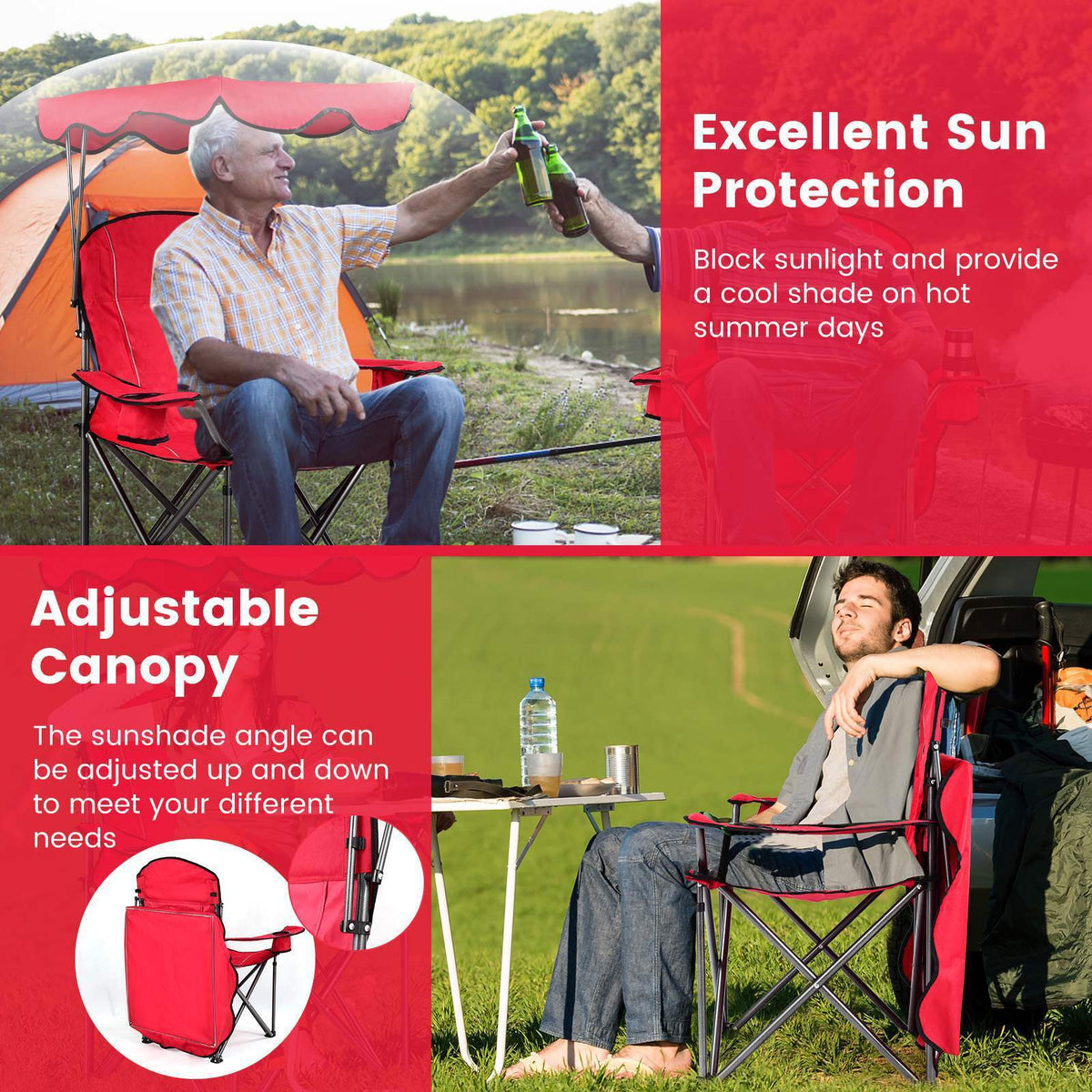 Camping Beach Chair Foldable Canopy Chair w/Sun Shade Outdoor Fishing Picnic