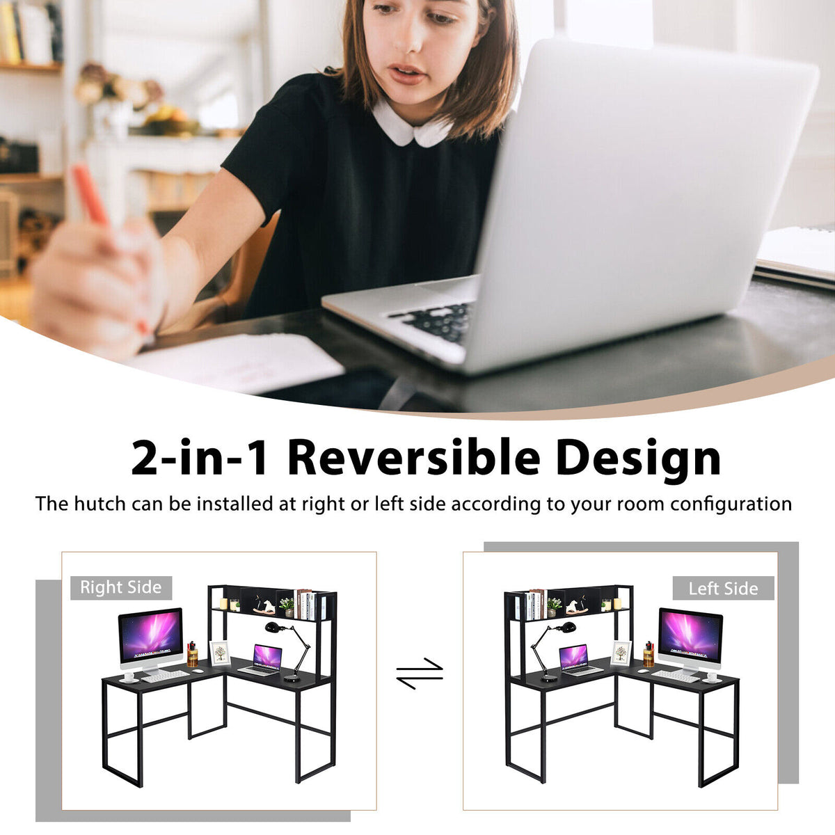 140cm L-Shaped Desk Corner Computer Desk Writing Workstation Table w/Hutch