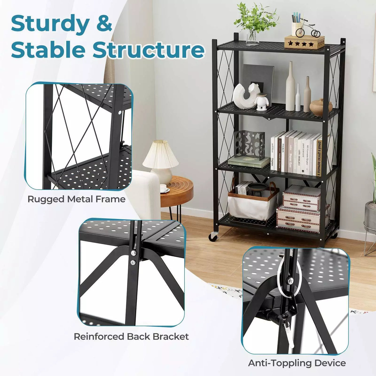 4-Tier Foldable Storage Shelf Collasible Storage Rack w/ Lockable Wheels