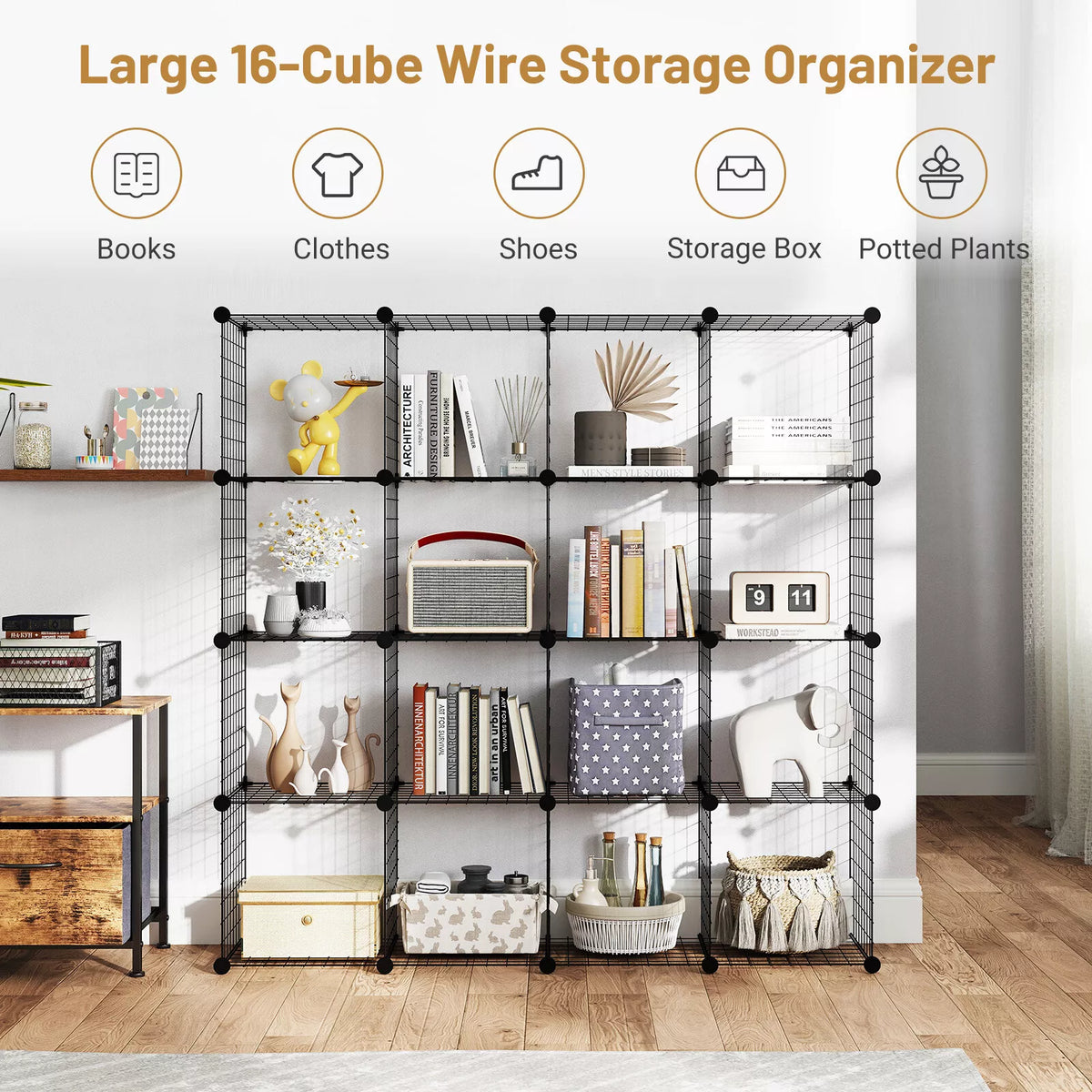 Stackable Rack Cube 16 Cubes DIY Organizer Wire Cube Stackable Storage Shelves Modular Boo ...