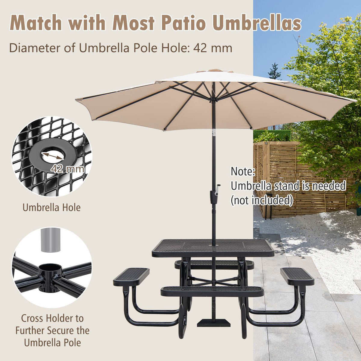 Heavy Duty Square Picnic Table & Bench for 8, 116cm Commercial Table for Garden