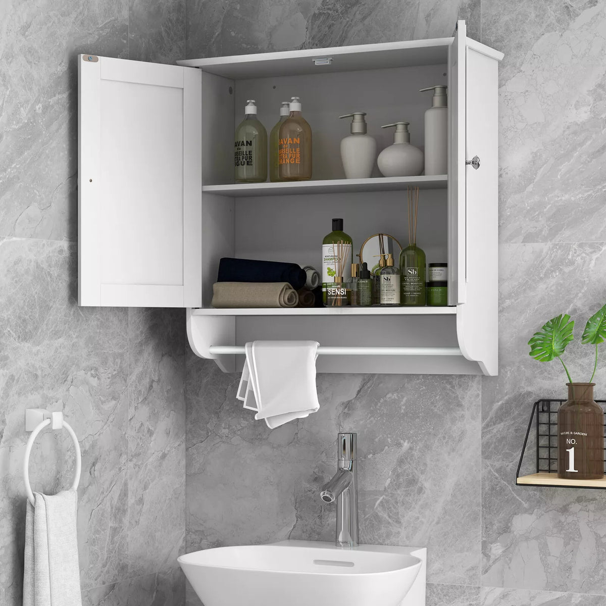 Bathroom Wall Cabinet Over The Toilet Medicine Cabinet w/ 2 Doors Towel Bar