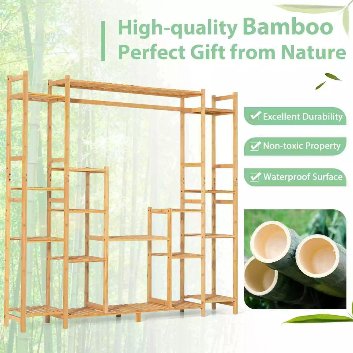 9-Tier Large Plant Shelf Bamboo Crisscross Storage Shelf for Flowers Toys Decor