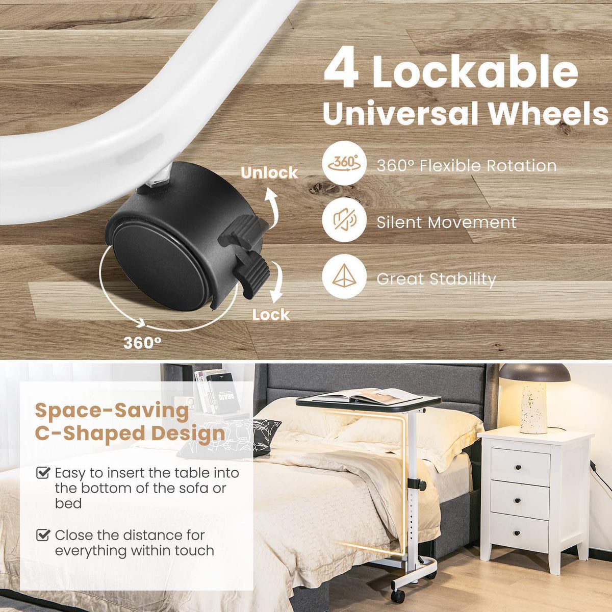 Portable Overbed Table Bedside Table Adjustable Multi-angle w/ Universal Wheels