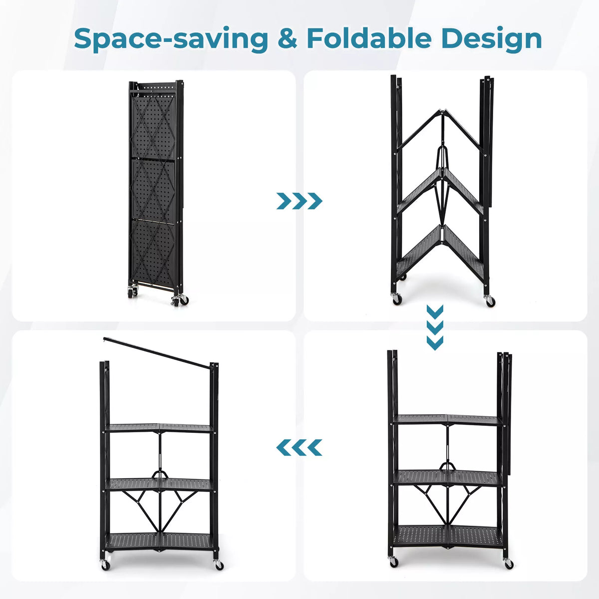 4-Tier Foldable Storage Shelf Collasible Storage Rack w/ Lockable Wheels