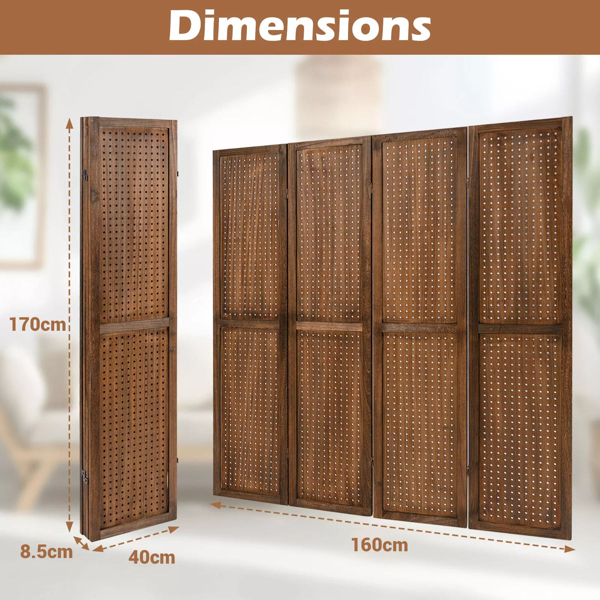 4/6 Panels Pegboard Display 170cm Folding Room Divider Privacy Screen Brown