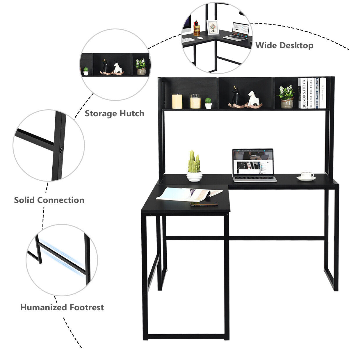 140cm L-Shaped Desk Corner Computer Desk Writing Workstation Table w/Hutch