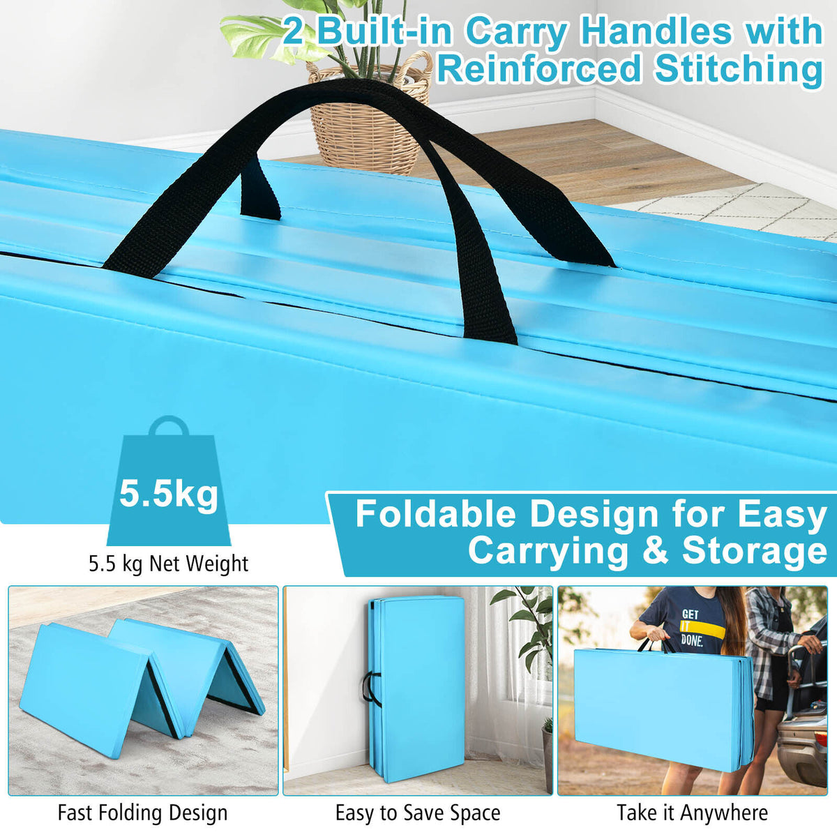 240 cm x 116 cm 4-Panel Folding Exercise Floor Mat Dance Yoga Gymnastics PU Blue