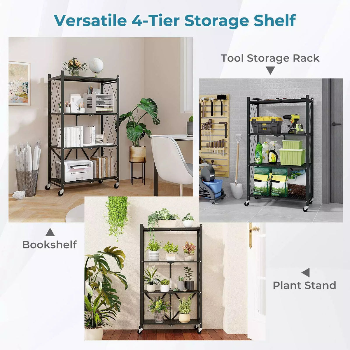 4-Tier Foldable Storage Shelf Collasible Storage Rack w/ Lockable Wheels