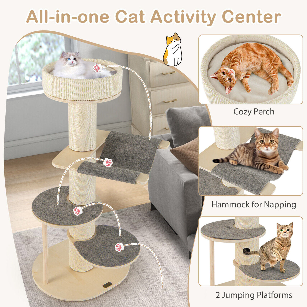 1.2M Wooden Cat Tree Tower Scratching Posts Multi-level Cando House Furniture