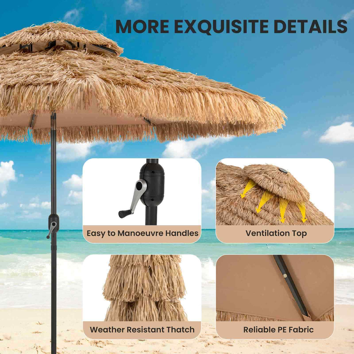 Height Adjustable & Foldable Hawaiian Style Beach Thatched Tiki Patio Umbrella