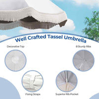 2M Outdoor Tassel Beach Umbrella with Fringe, Vintage Heavy Duty, Pool/Deck/Yard