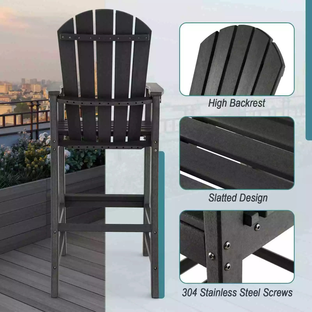 Outdoor Tall Adirondack Chair 77cm Seat Height HDPE Bar Height Bar Stool Balcony