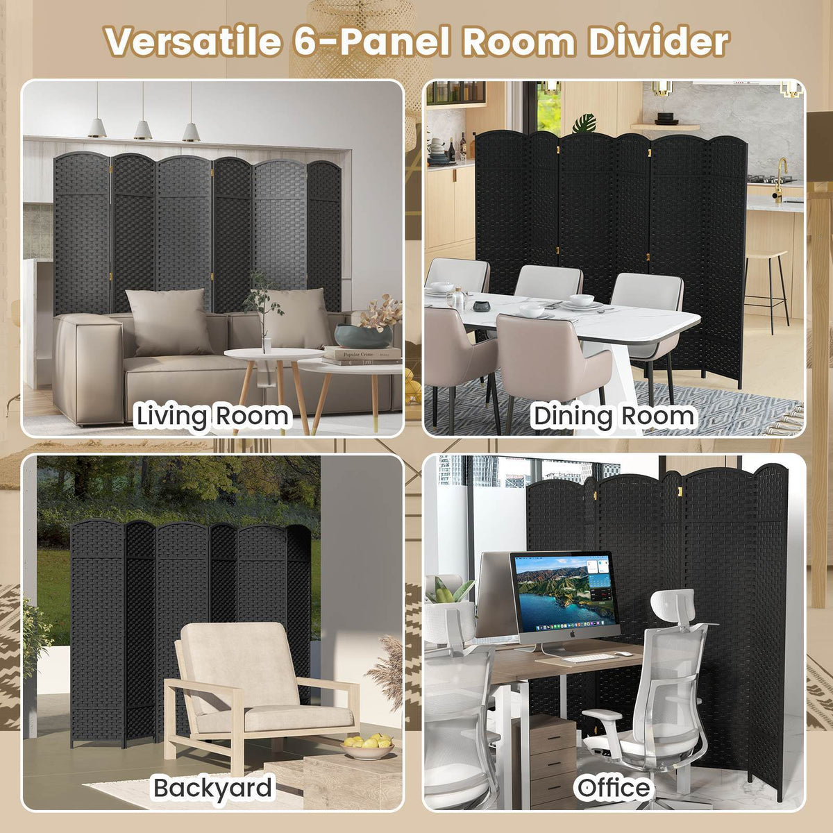 6-Panel Folding Room Divider Tall Privacy Screen Freestanding Wall Divider