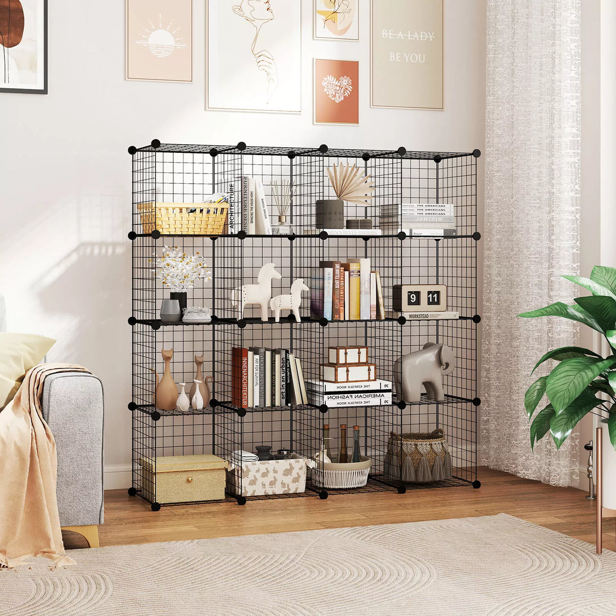Cube Modular Rack 16 Cubes DIY Organizer Wire Cube Stackable Storage Shelves Modular Boo ...
