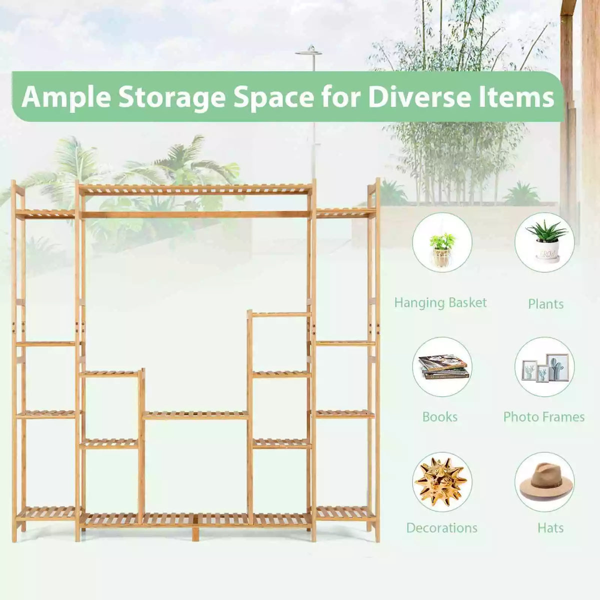 9-Tier Large Plant Shelf Bamboo Crisscross Storage Shelf for Flowers Toys Decor