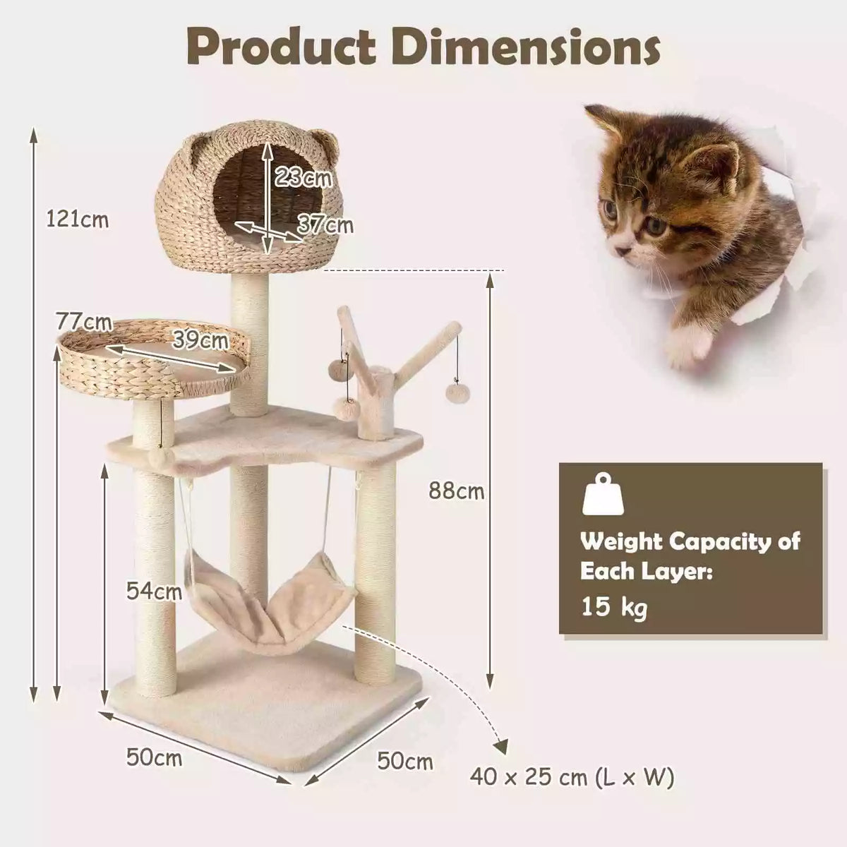 121cm Tall Multi-Layer Cat Tree Tower w/ Rotatable Hanging Balls & Sisal Posts