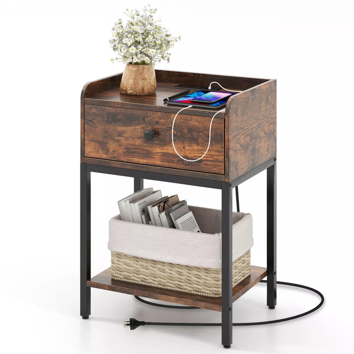 Bedside Table Industrial Nightstand Sofa Side Table Storage Shelf Rustic Brwon