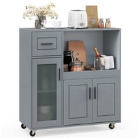 Rolling Kitchen Island w/Wheels Moible Cart Drawer & Glass Door Cabinet