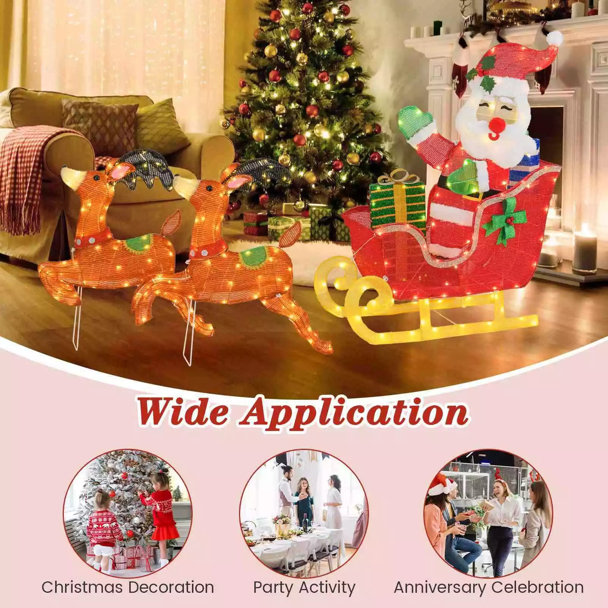 Pre-lit Christmas Santa Claus & Reindeer Sleigh Xmas Decor Set w/ 239 LED Lights