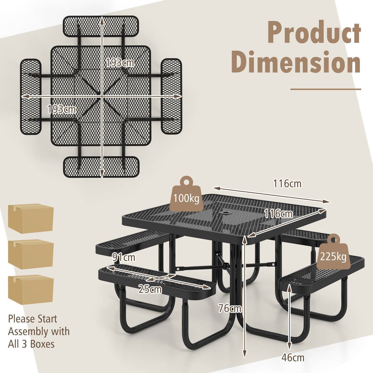 Heavy Duty Square Picnic Table & Bench for 8, 116cm Commercial Table for Garden