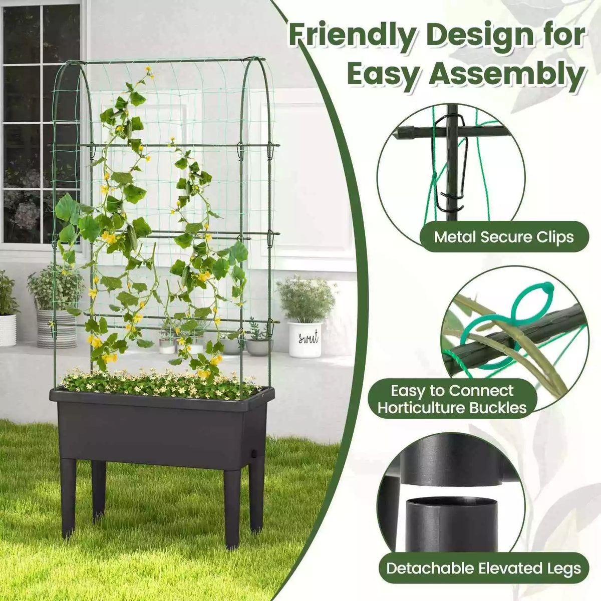 Self-watering Raised Garden Bed Elevated Planter w/Climbing Trellis Herbs Fruits