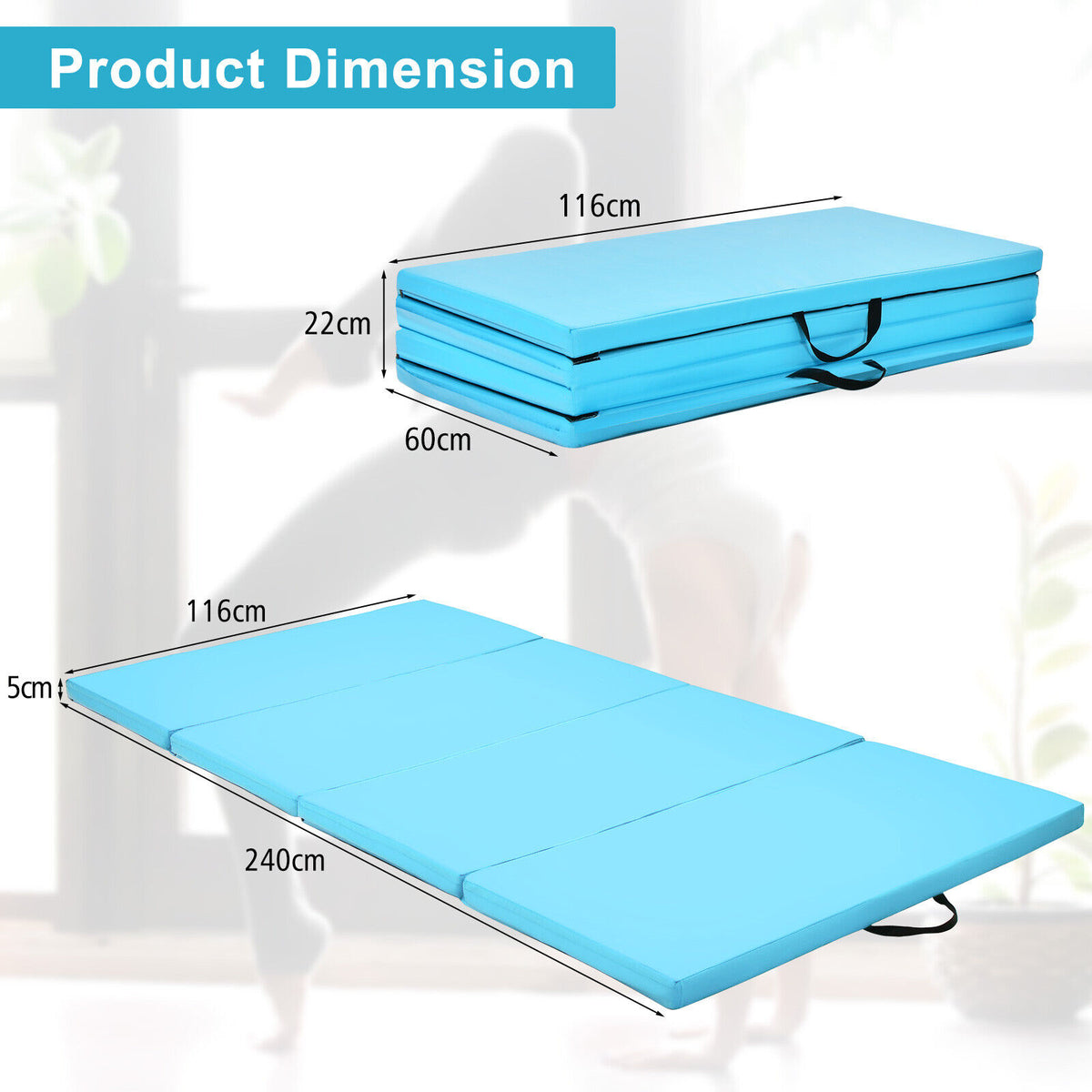 240 cm x 116 cm 4-Panel Folding Exercise Floor Mat Dance Yoga Gymnastics PU Blue