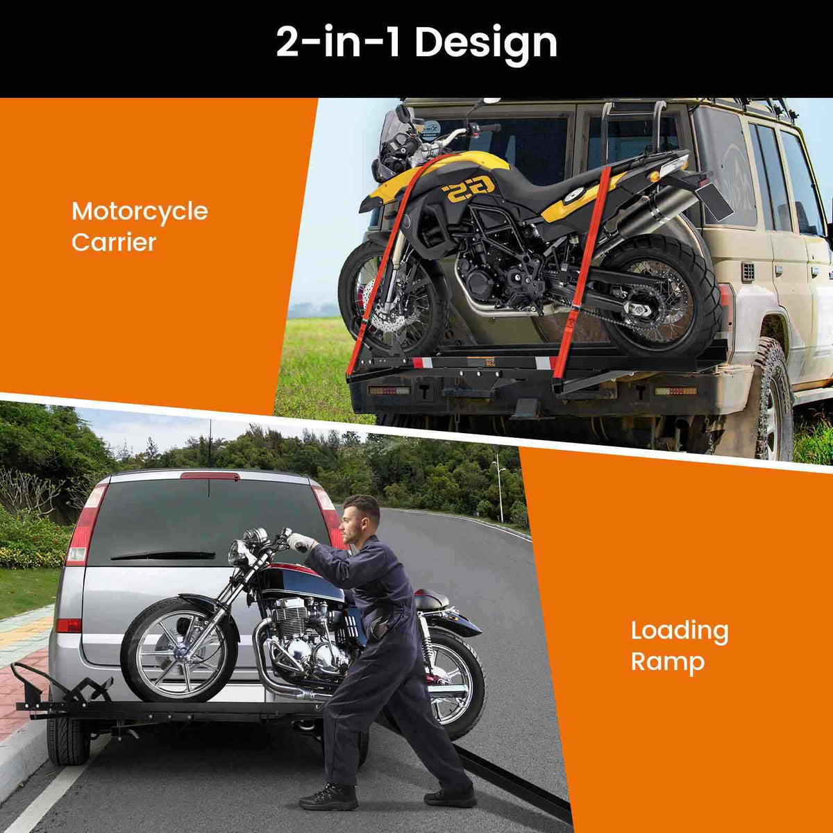 270kg Capacity Hitch-Mounted Motorcycle Carrier, Heavy Duty Steel, Truck SUV Car