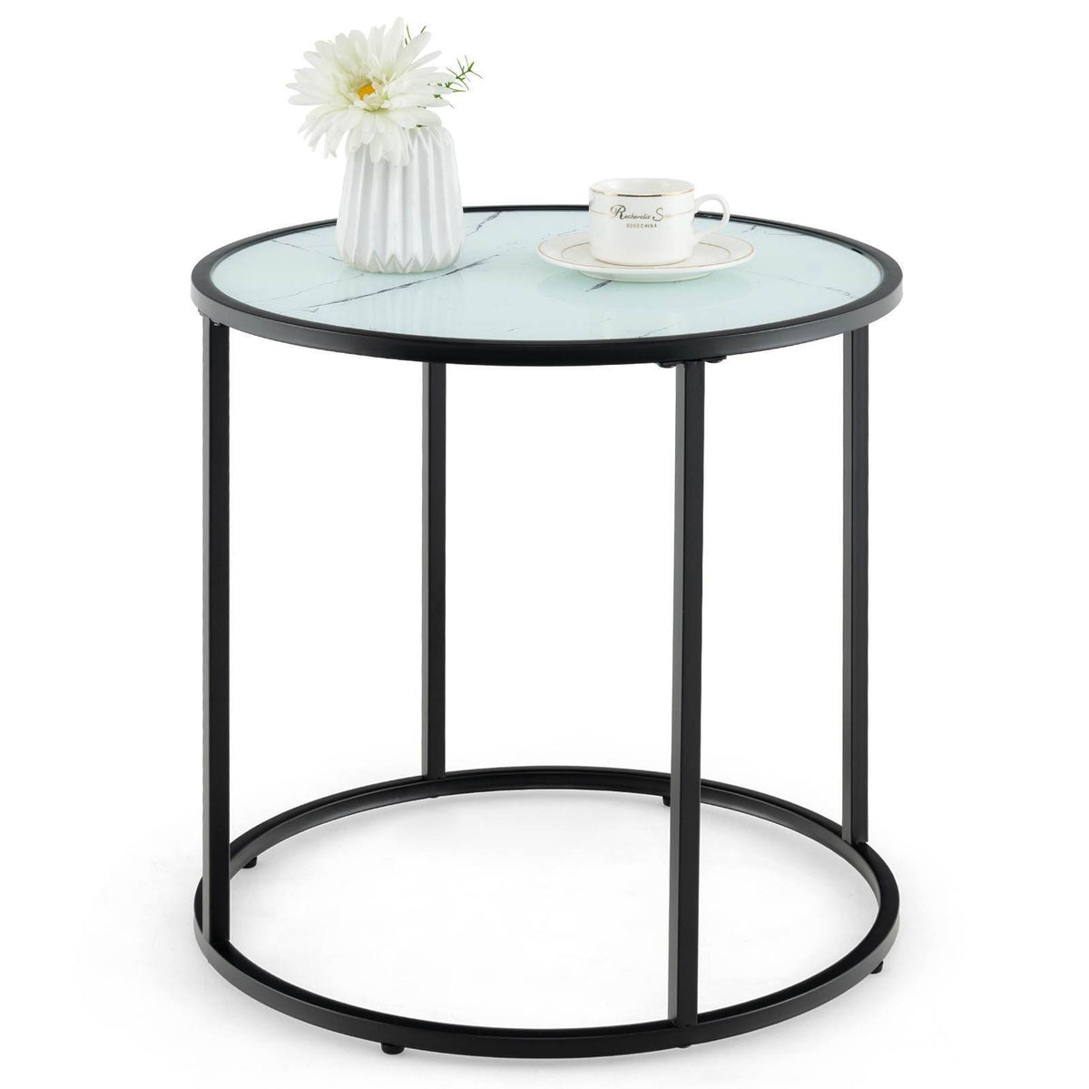 50cm Round Side Table End Table with Faux Marble Glass Top Coffee Accent Table