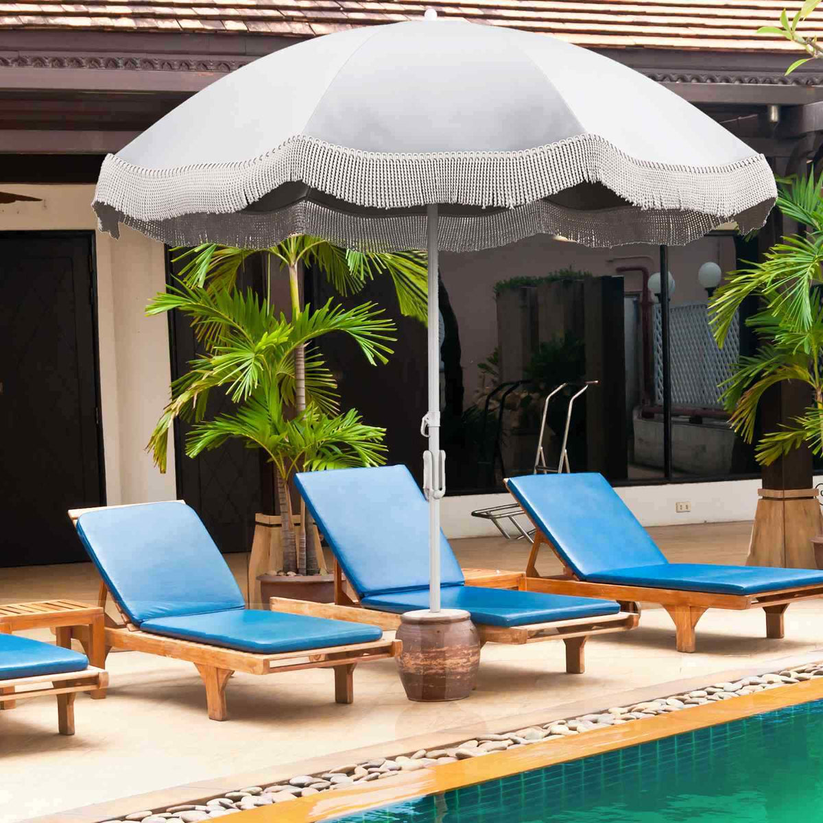 2M Outdoor Tassel Beach Umbrella with Fringe, Vintage Heavy Duty, Pool/Deck/Yard